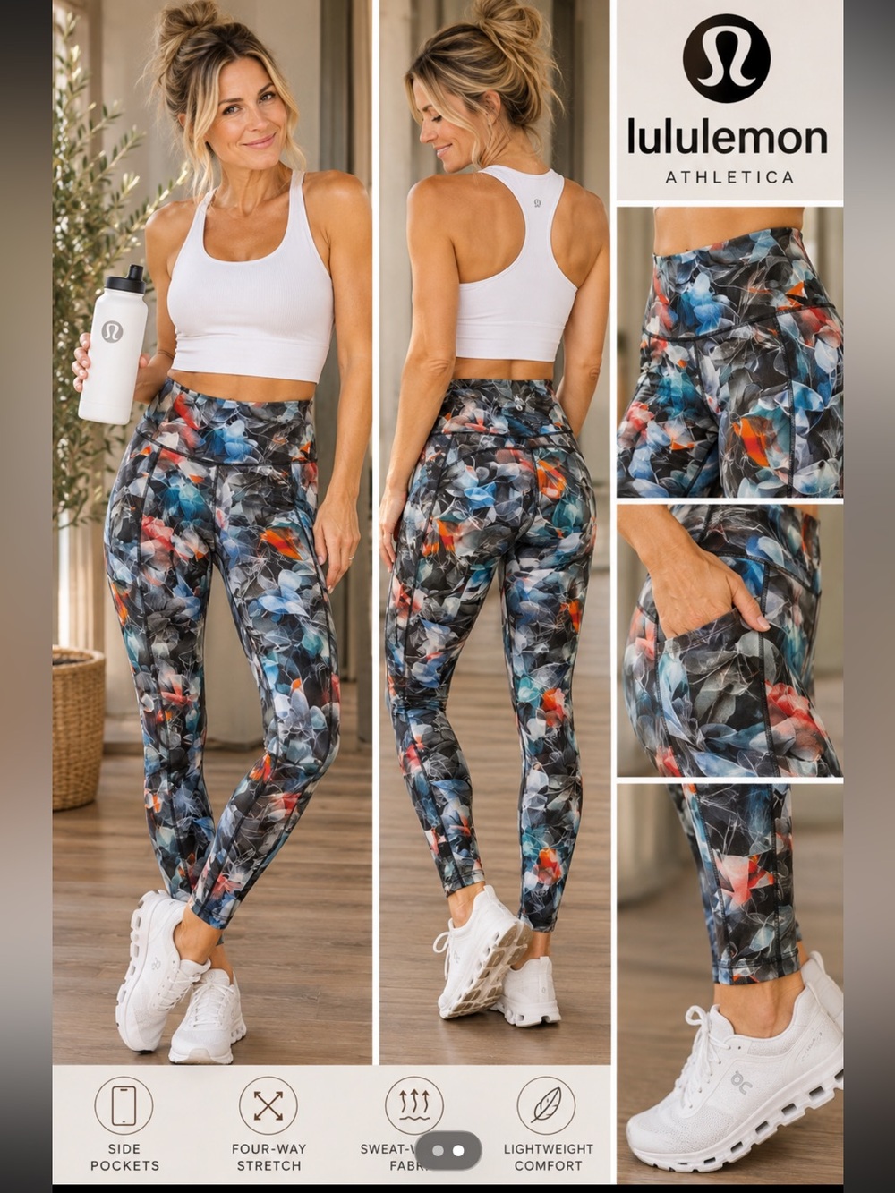 Lululemon Womens ' Athleisure Multicolor Floral Leggings Size Small With Pockets